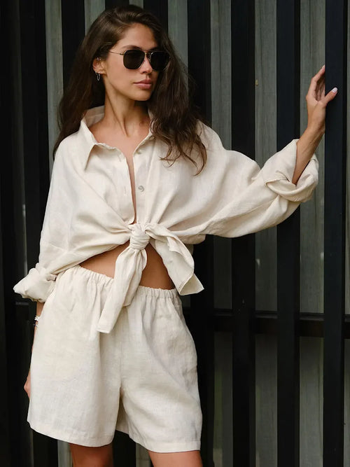 Bornladies 100% Cotton Lantern Sleeve Shirt and Shorts 2-Piece Set