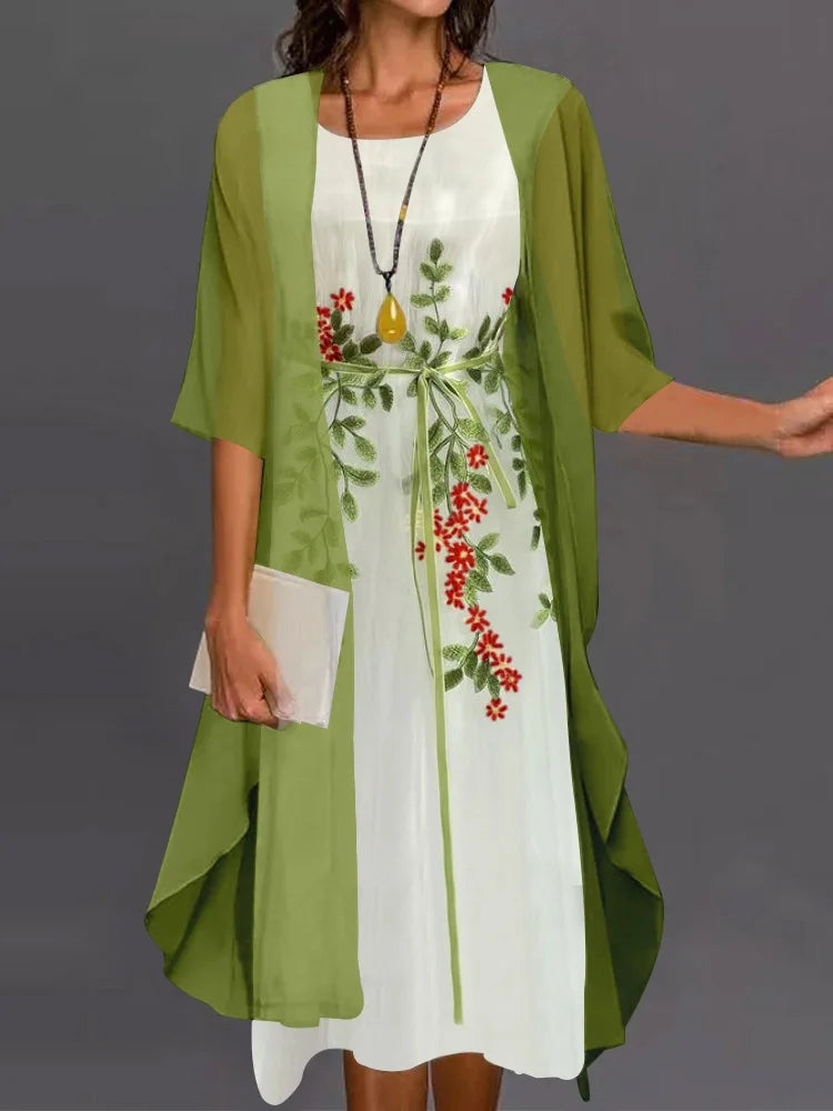 2pcs/Set Spring Summer Dress Women Formal Loose Cardigan Floral Print Large Hem Elegant Chiffon Dress Set Party