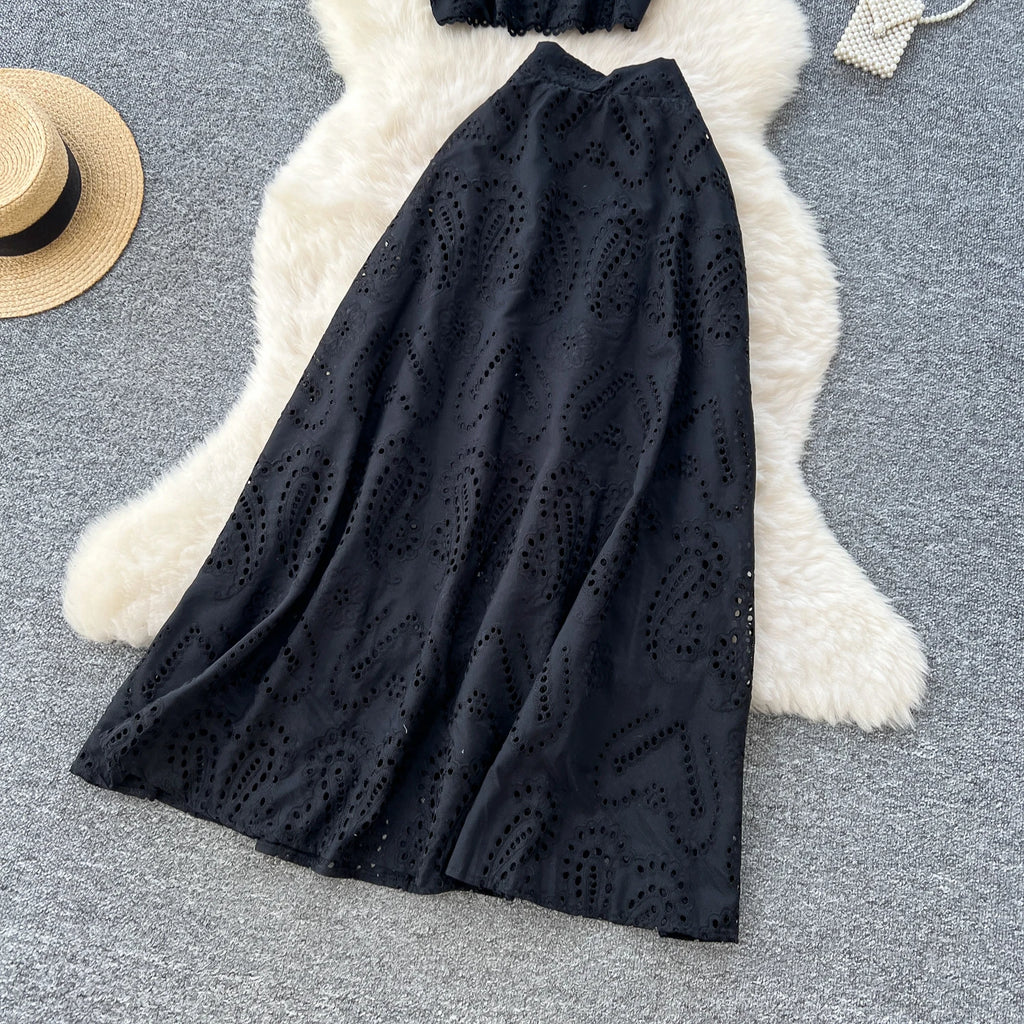 SINGREINY Women's Vintage Hook Flower Hollow Top and Long Skirt Set