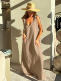 Clacive V-Neck Sleeveless Black Linen Maxi Dress