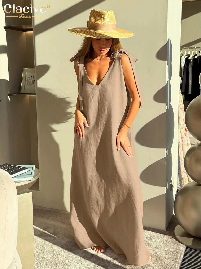 Clacive V-Neck Sleeveless Black Linen Maxi Dress