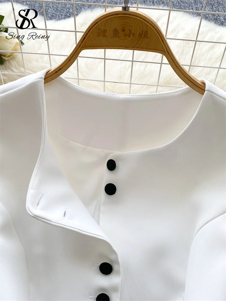 SINGREINY Women's Two-Piece Single Breasted Blouse and Pleated Mini Skirt Set