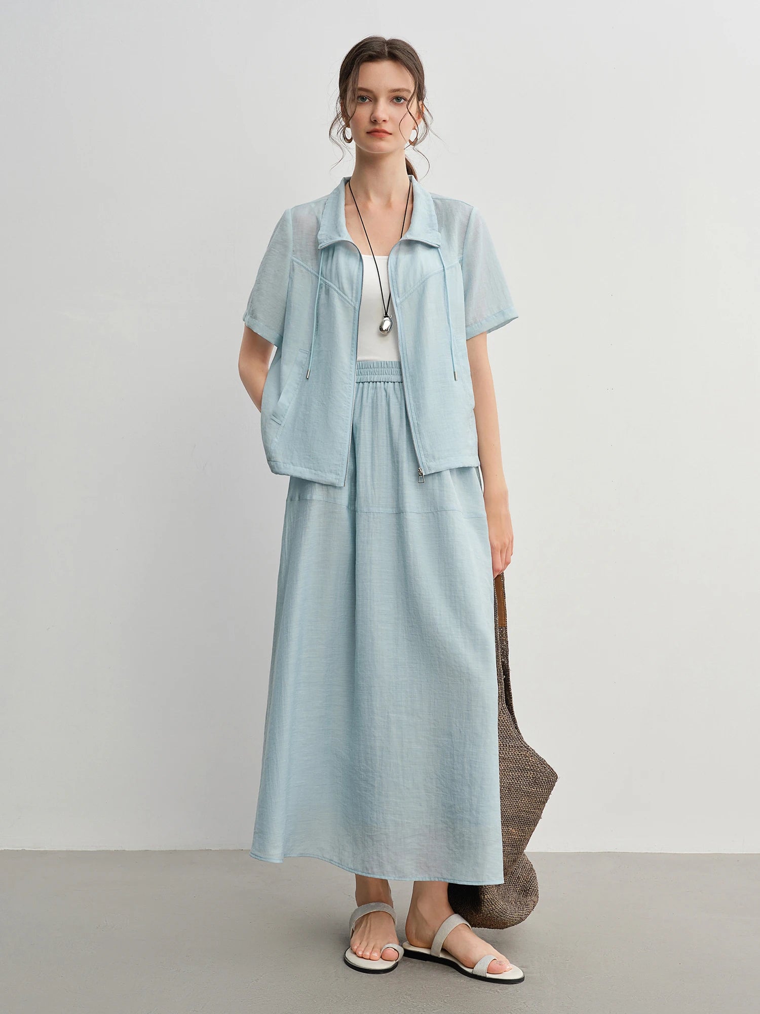 DUSHU Textured Set: Tie Collar Zip Top and Flowy Skirt