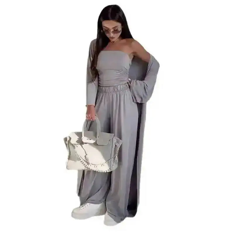 LGRQ Women's 3-Piece Set: Strapless Vest, Long Cardigan and Wide-Leg Pants