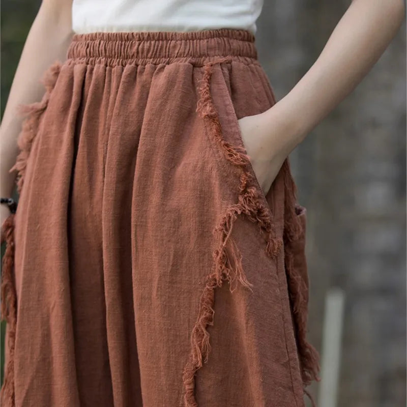 Johnature Women Vintage Ramie Bloomers Pants Elastic Waist Solid Color Trousers 2025 Summer New Patchwork Long Pants
