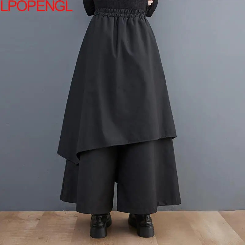 Solid Color Gothic Wide-leg Pants Women's 2026 Spring And Summer New Asymmetrical Hakama All-match Oversized Nine-point Pants