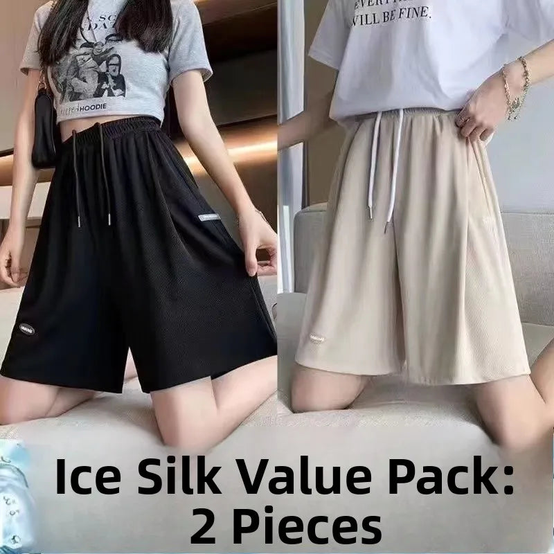 High Waist Ice Silk Sports orts Women's 2024 New Summer Loose Casual Wide Leg Pants Five-Quarter Length Korean Sle