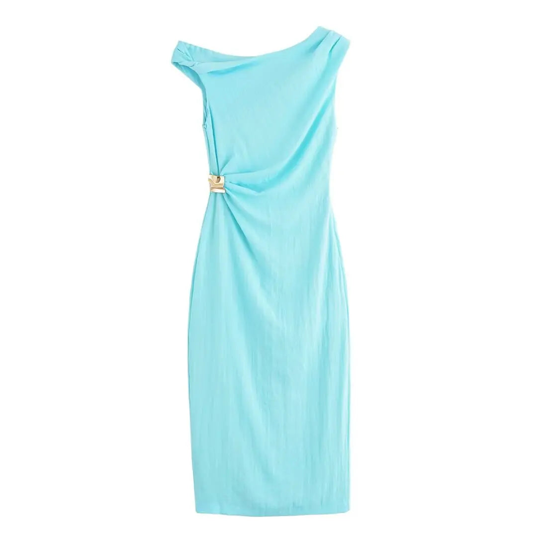 KONDALA Light Blue One-Shoulder Pleated Asymmetric Dress