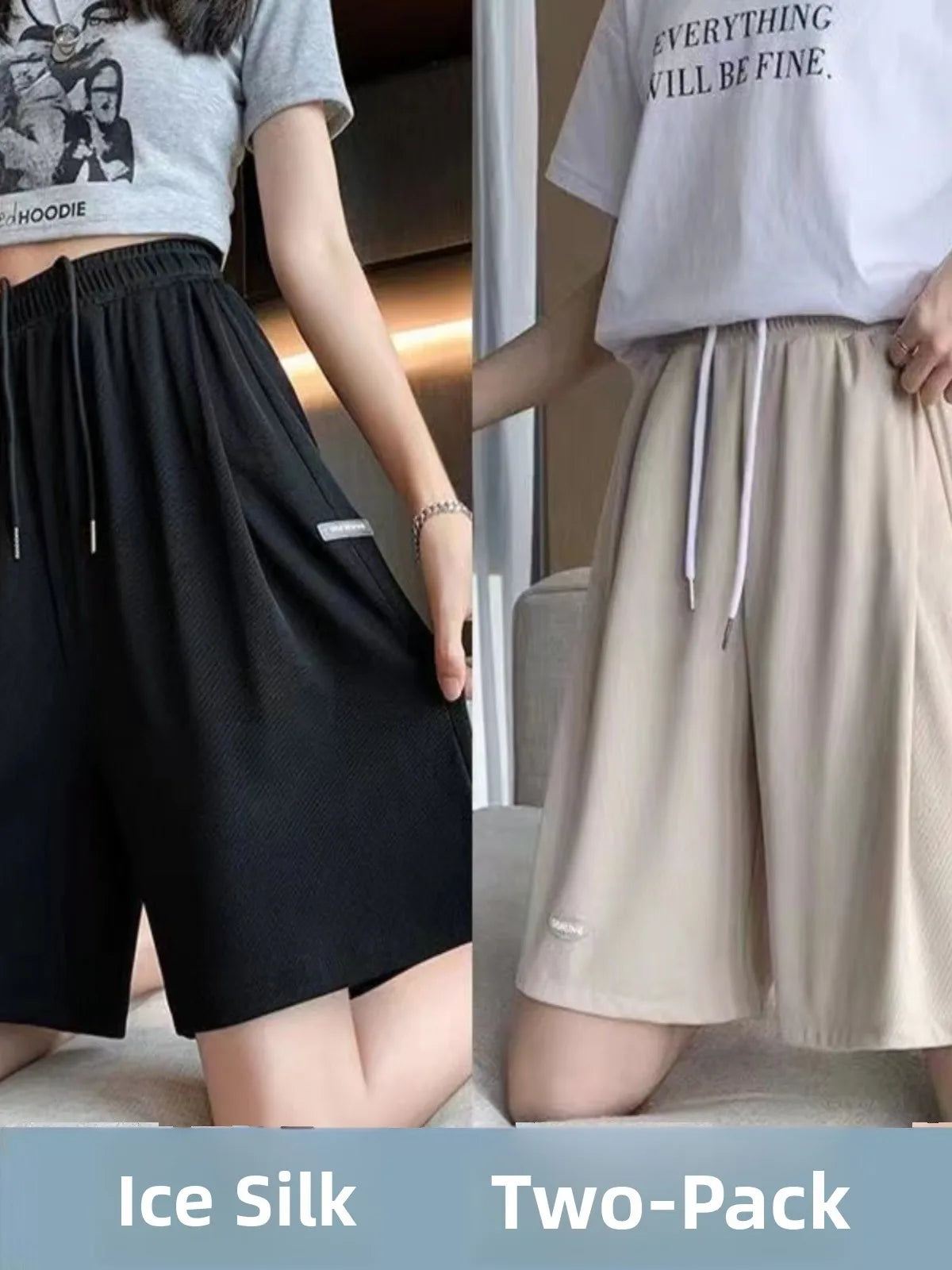 High Waist Ice Silk Sports orts Women's 2024 New Summer Loose Casual Wide Leg Pants Five-Quarter Length Korean Sle