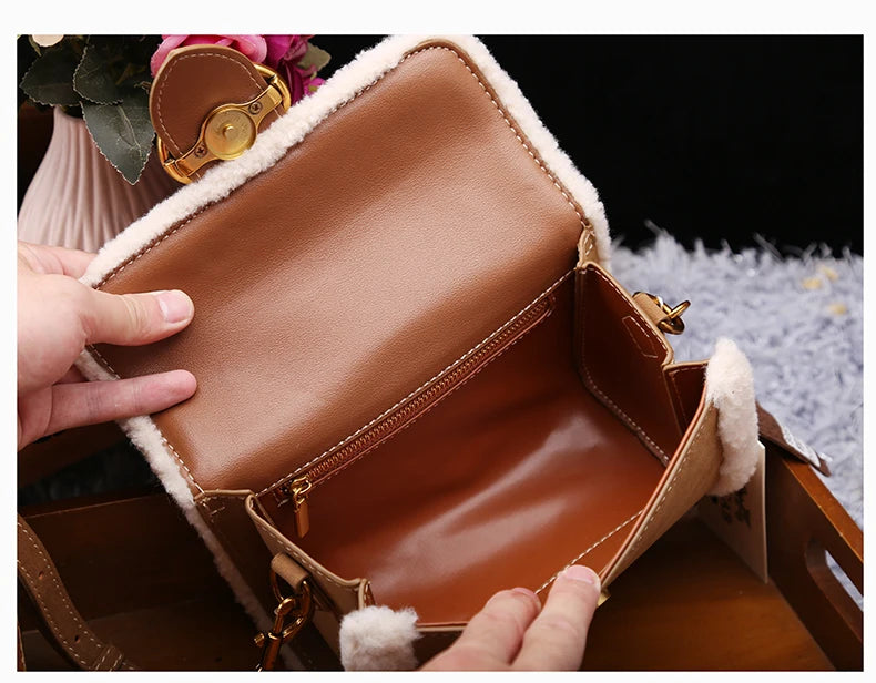 Designer Plush Small Square Crossbody Handbag