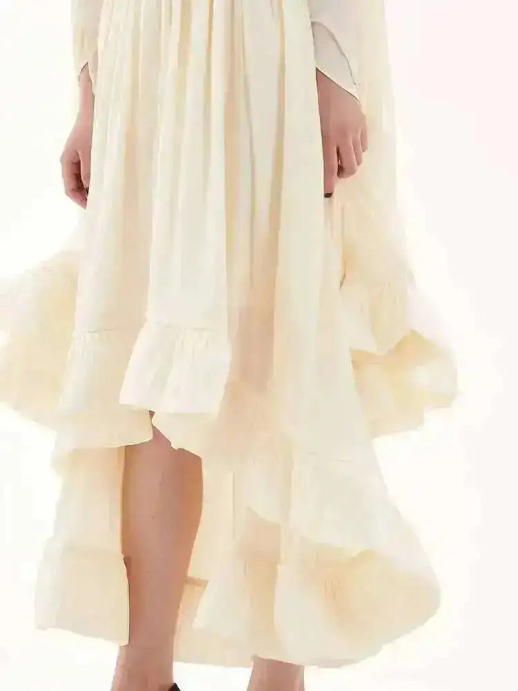 LGRQ Women's Irregular Ruffle Dress with Cloak Sleeves and Lace Splicing