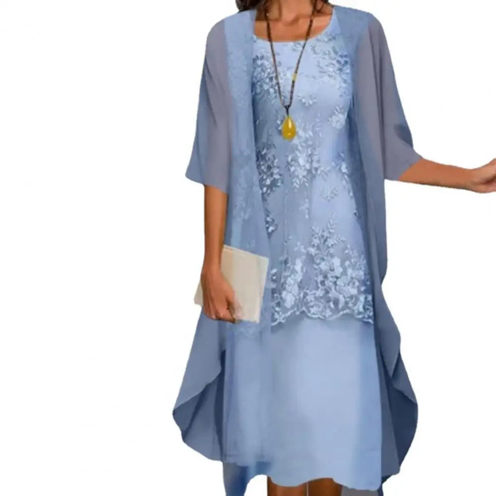 2pcs/Set Spring Summer Dress Women Formal Loose Cardigan Floral Print Large Hem Elegant Chiffon Dress Set Party
