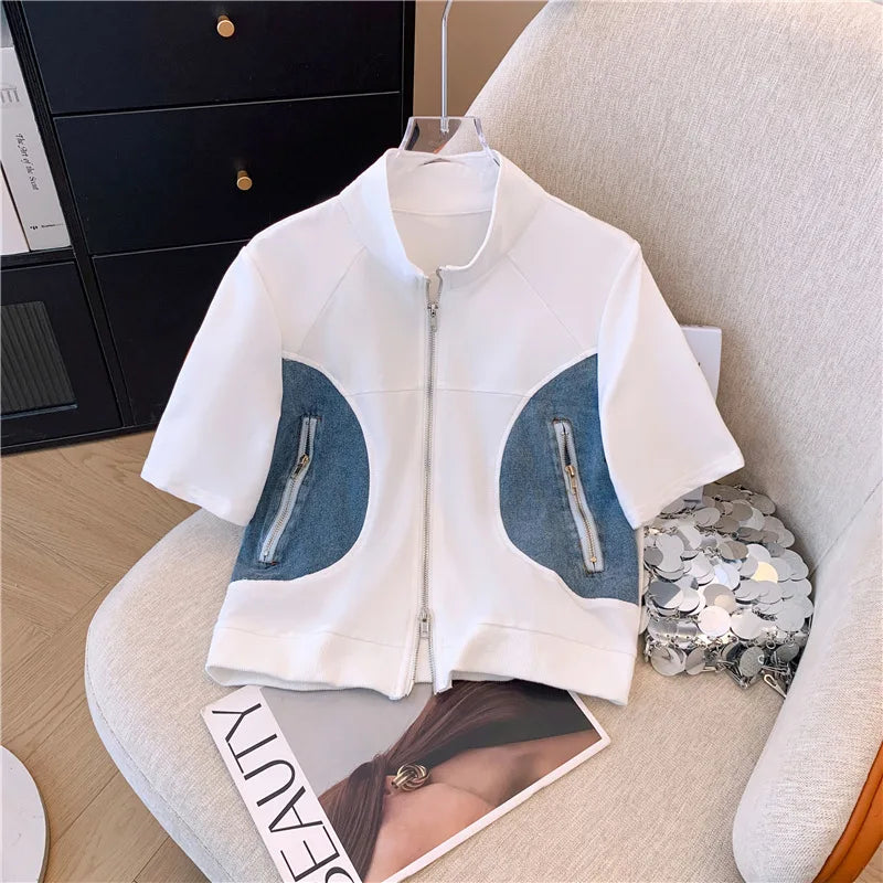Women's Two-Piece Set: Stitched Zipper T-Shirt and Jeans