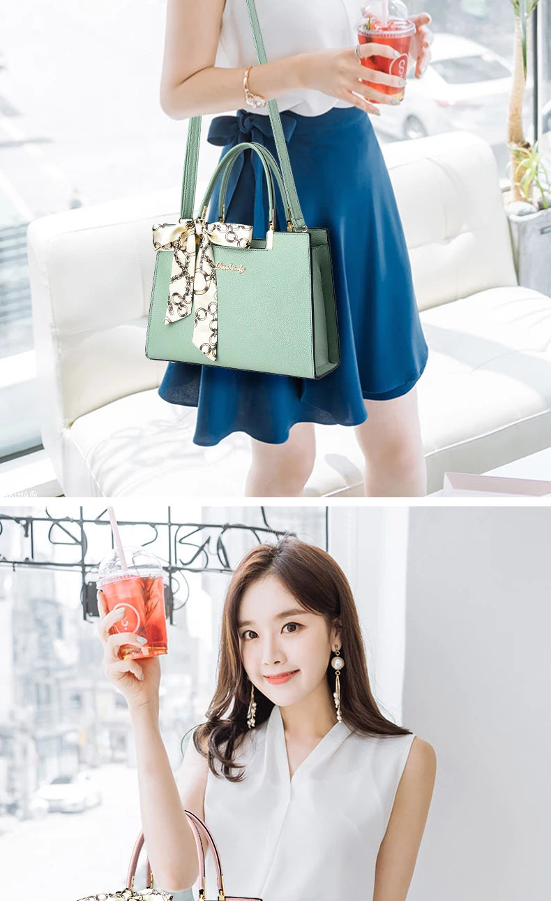 Women's Small Square Shoulder Bag with Silk Scarf Pendant