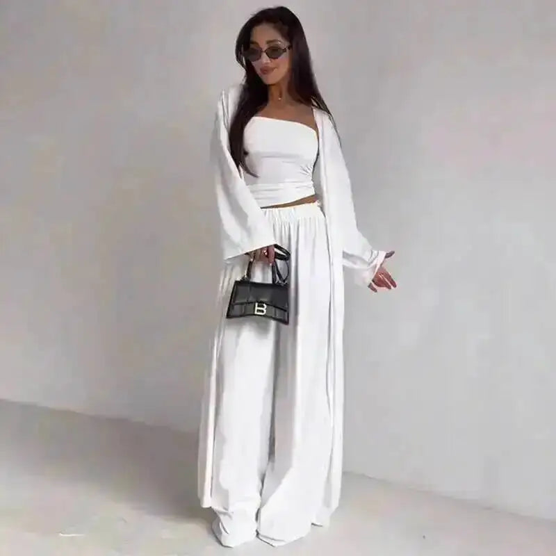 LGRQ Women's 3-Piece Set: Strapless Vest, Long Cardigan and Wide-Leg Pants