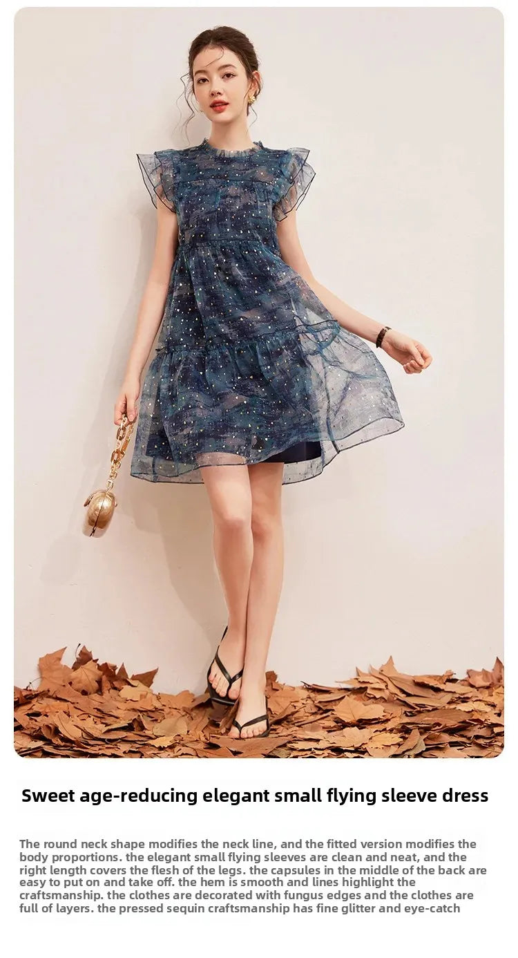LOUIS YAO Women's Sparkling Mushroom Edge Dress with Flying Sleeves