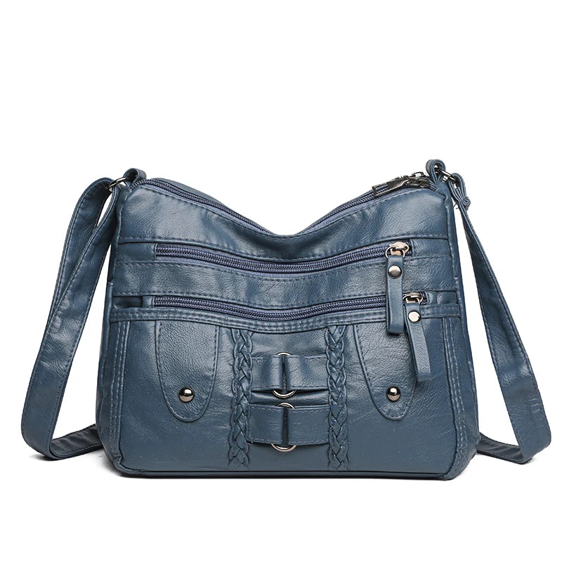 Retro Multi-Pocket Synthetic Leather Crossbody Bag with Adjustable Strap