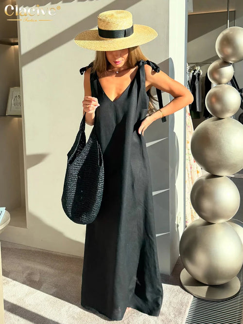 Clacive V-Neck Sleeveless Black Linen Maxi Dress
