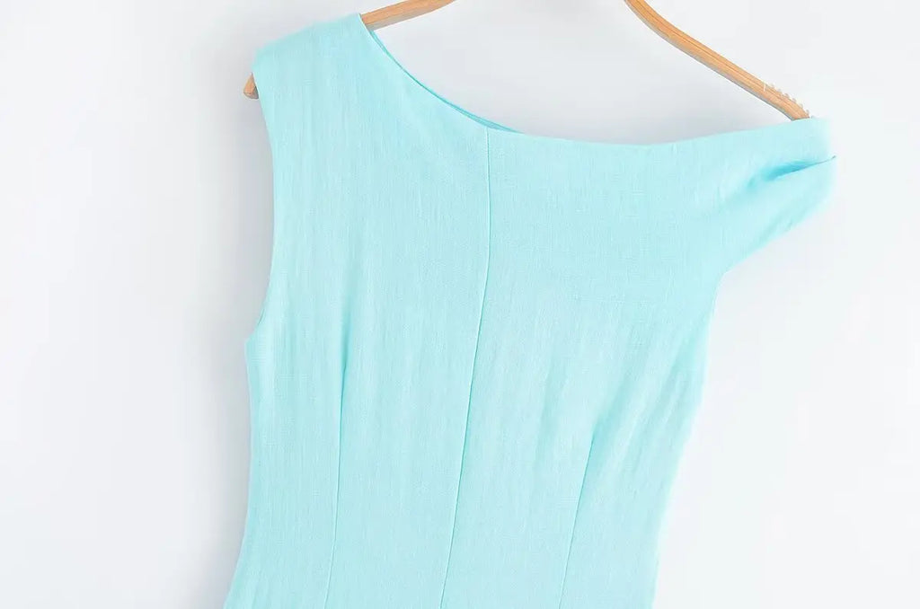KONDALA Light Blue One-Shoulder Pleated Asymmetric Dress