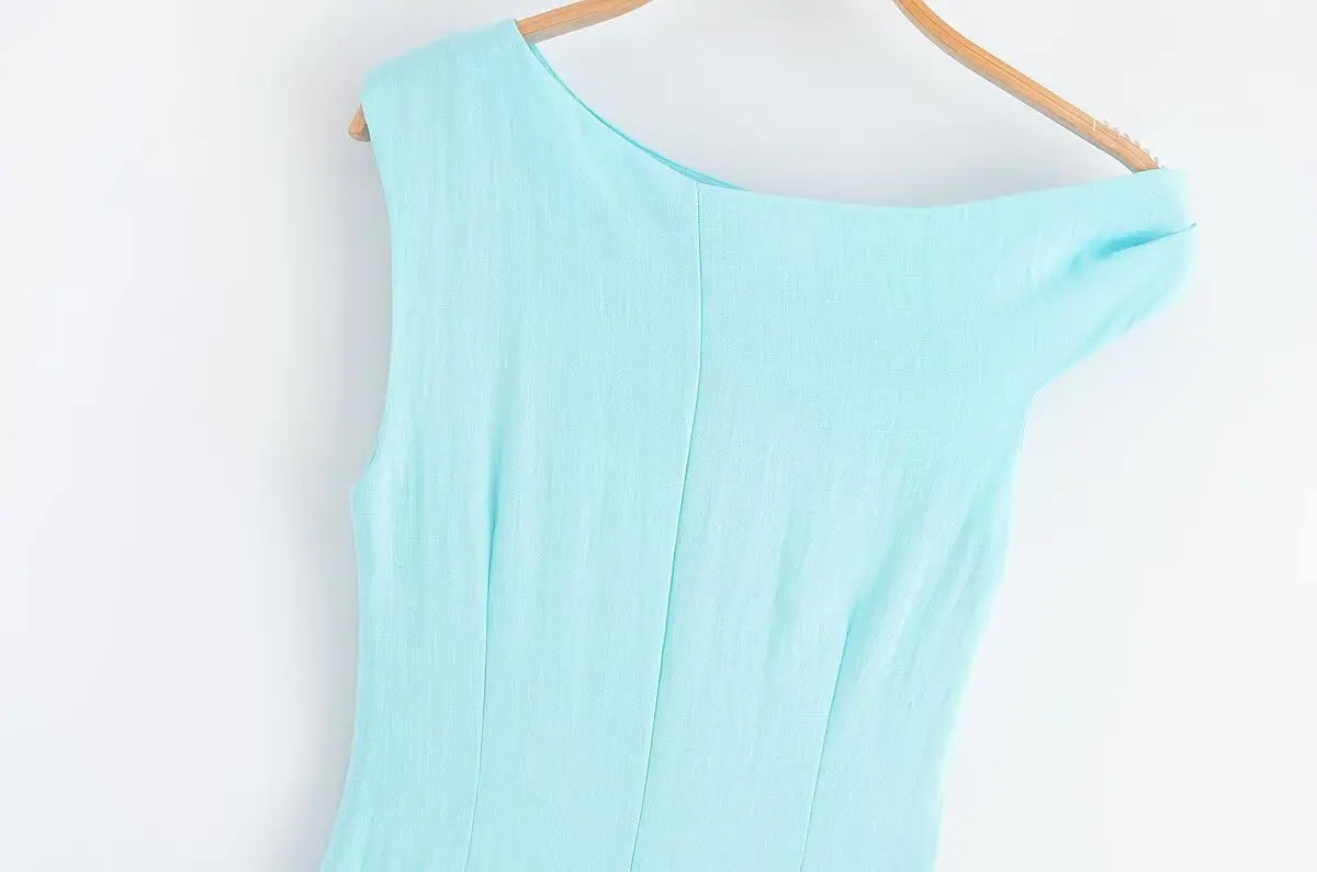 KONDALA Light Blue One-Shoulder Pleated Asymmetric Dress