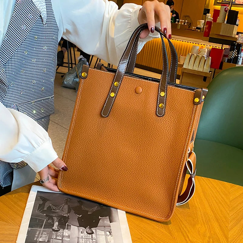 Large Capacity Genuine Cowhide Leather Rectangle Shoulder Bag