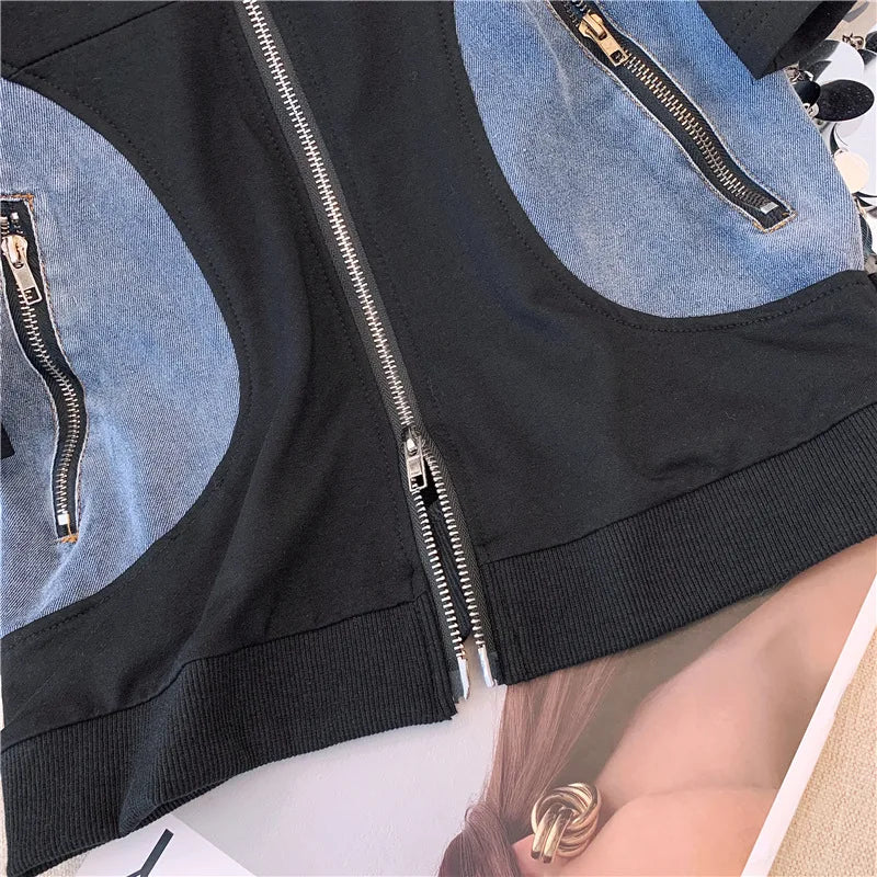Women's Two-Piece Set: Stitched Zipper T-Shirt and Jeans