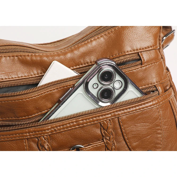Retro Multi-Pocket Synthetic Leather Crossbody Bag with Adjustable Strap