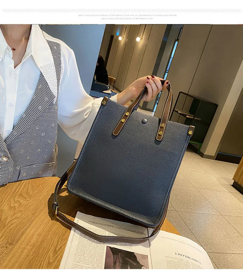 Large Capacity Genuine Cowhide Leather Rectangle Shoulder Bag
