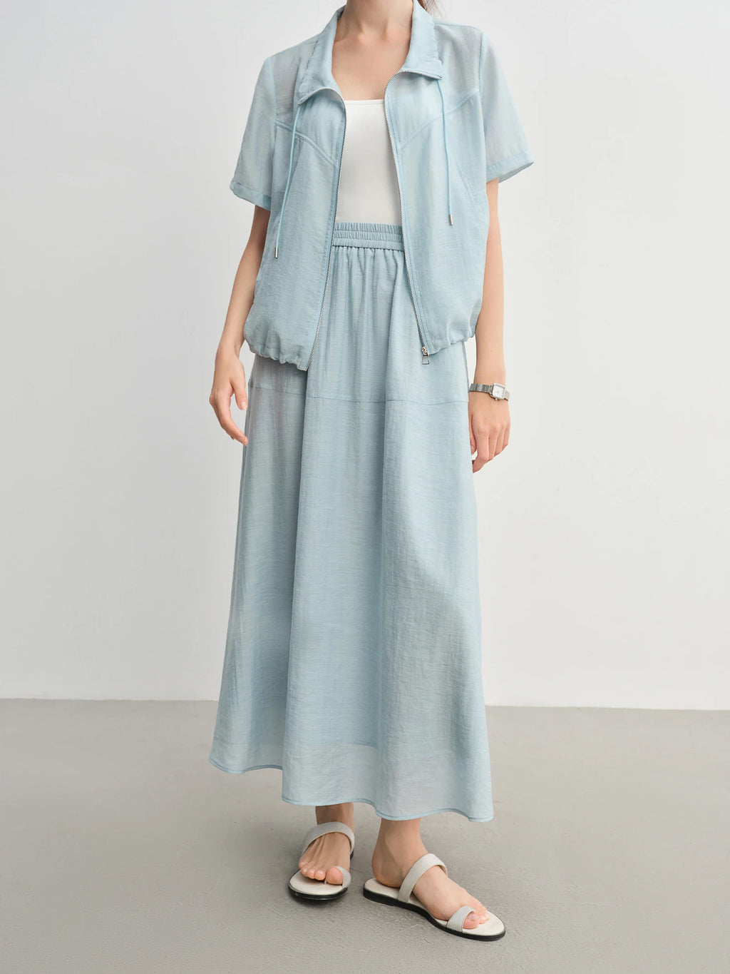 DUSHU Textured Set: Tie Collar Zip Top and Flowy Skirt