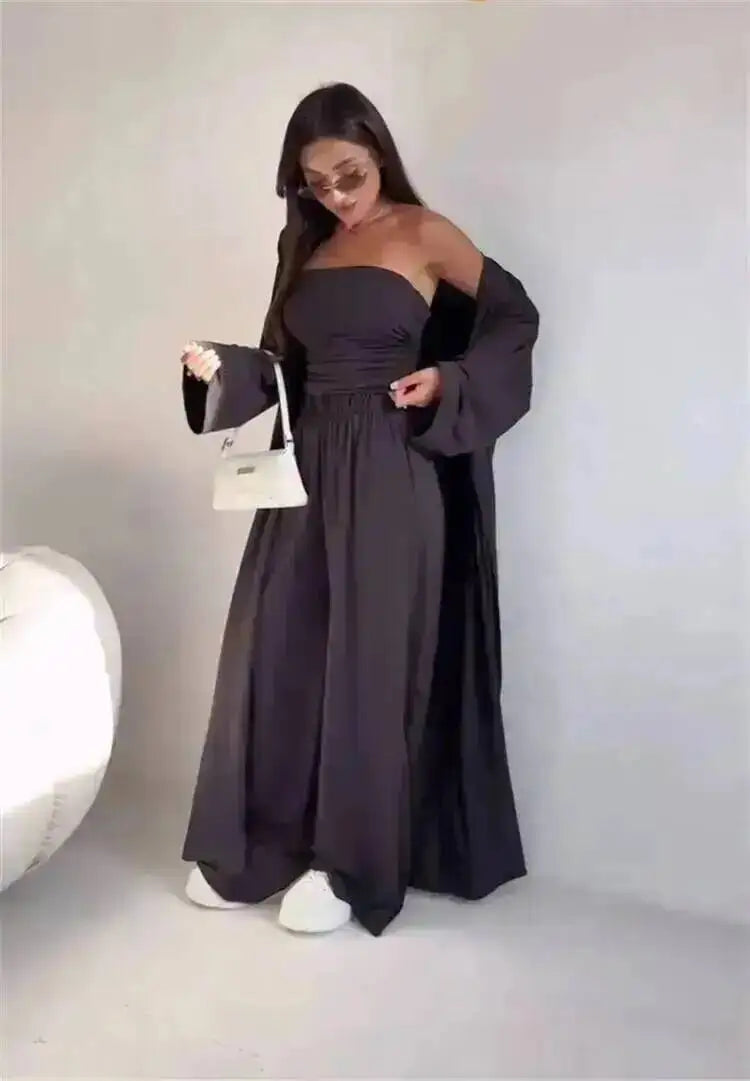 LGRQ Women's 3-Piece Set: Strapless Vest, Long Cardigan and Wide-Leg Pants