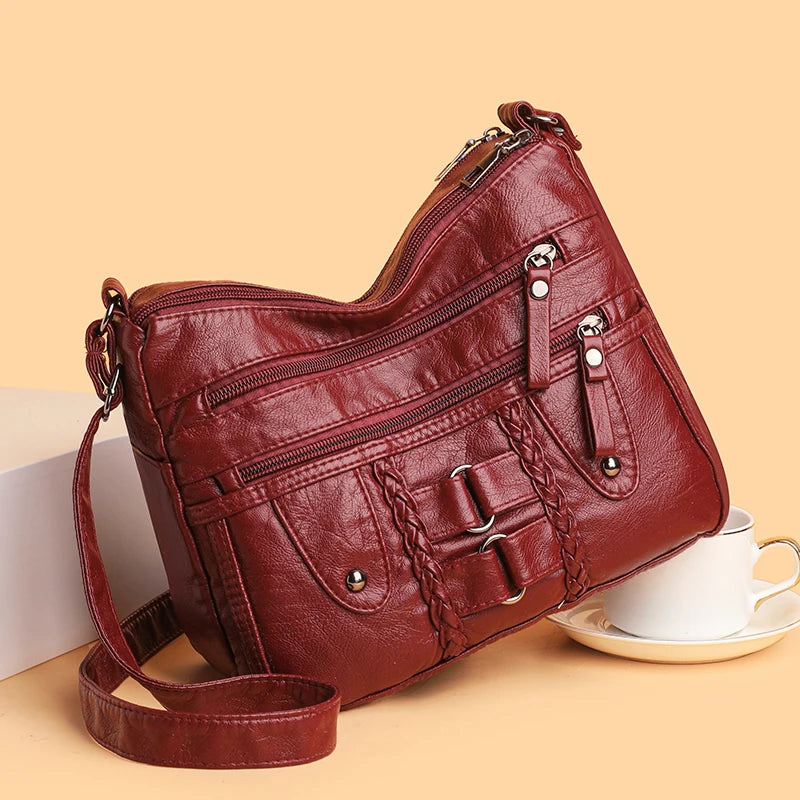 Retro Multi-Pocket Synthetic Leather Crossbody Bag with Adjustable Strap