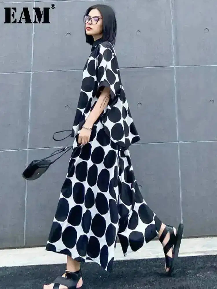 EAM Women's Big Size Dot Shirt and Wide Leg Pants Two-Piece Suit