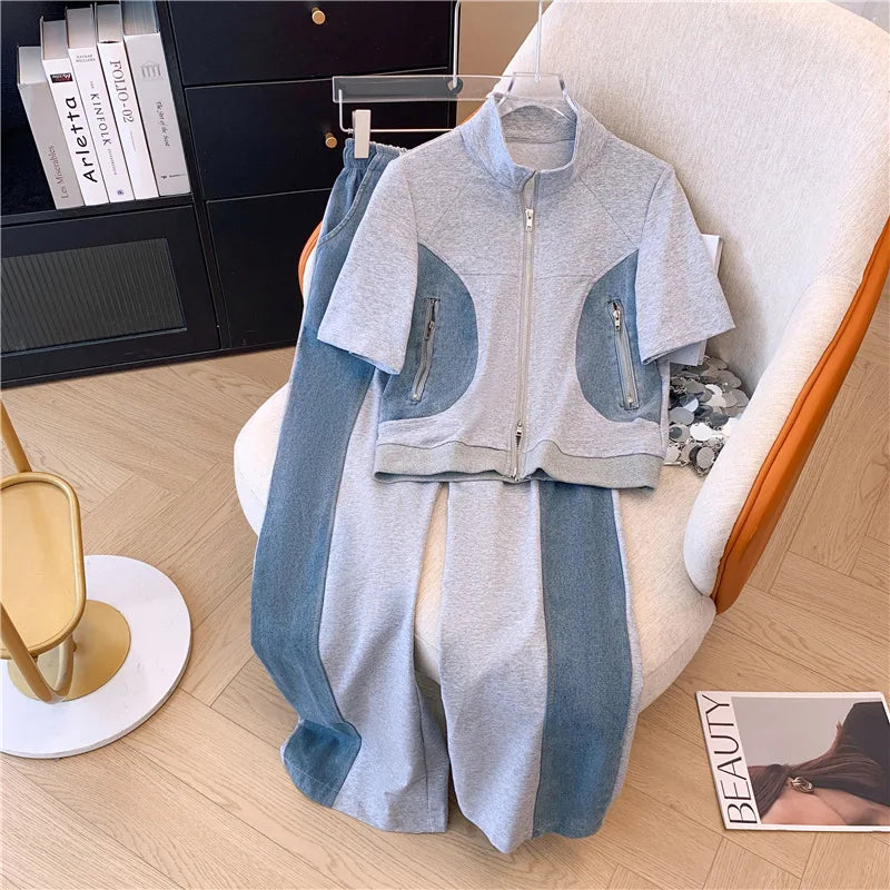 Women's Two-Piece Set: Stitched Zipper T-Shirt and Jeans