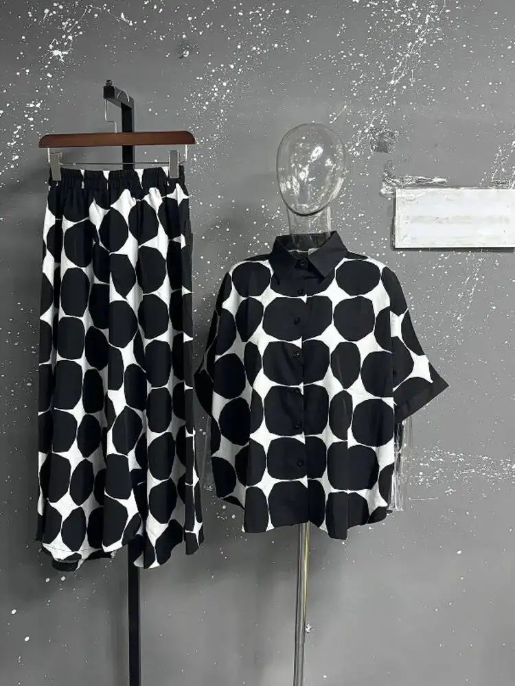 EAM Women's Big Size Dot Shirt and Wide Leg Pants Two-Piece Suit