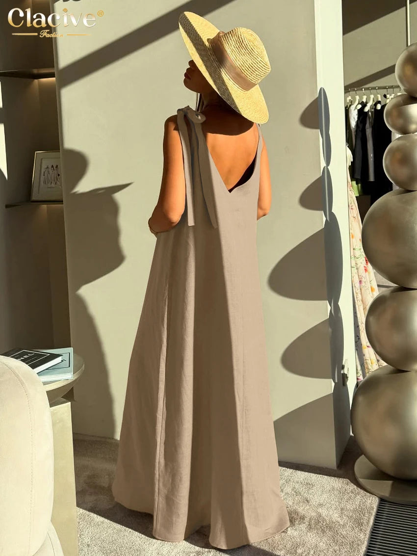 Clacive V-Neck Sleeveless Black Linen Maxi Dress
