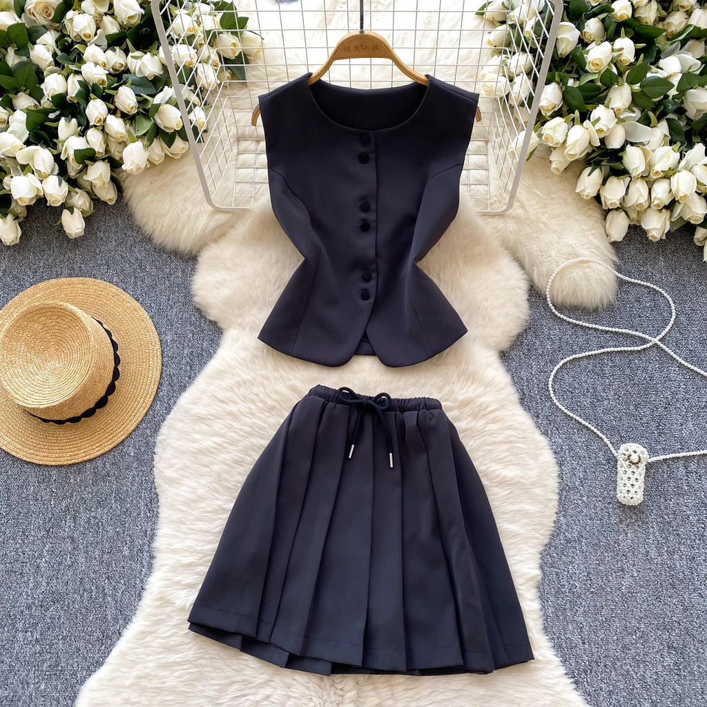 SINGREINY Women's Two-Piece Single Breasted Blouse and Pleated Mini Skirt Set