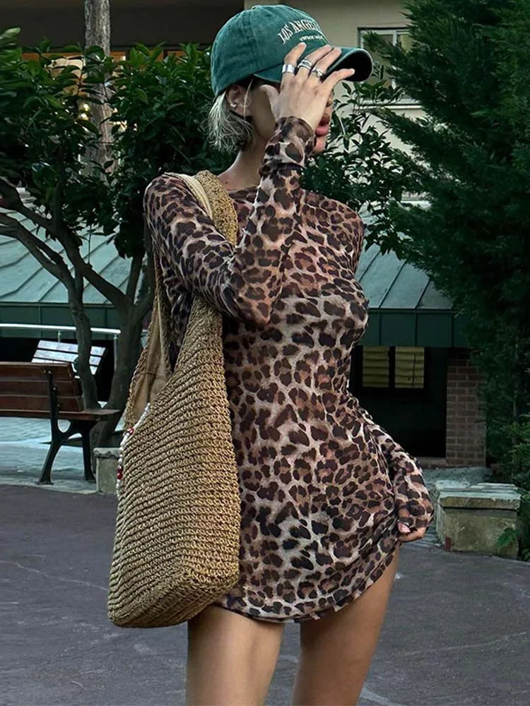 Leopard Print Two-Piece Set A-Line Dress for Women Sexy Mesh See-through High Street Fashion Animal Print Hot Summer Outfit