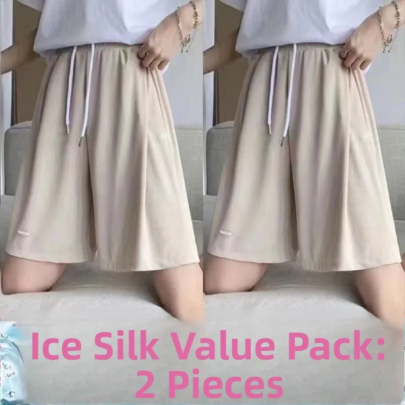 High Waist Ice Silk Sports orts Women's 2024 New Summer Loose Casual Wide Leg Pants Five-Quarter Length Korean Sle