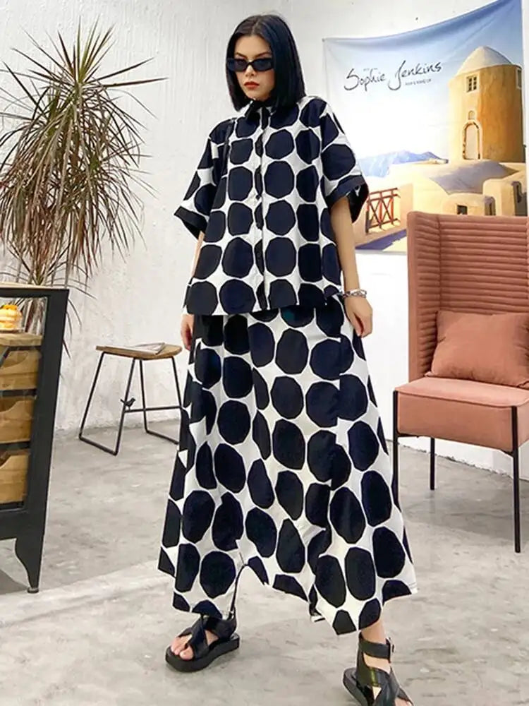 EAM Women's Big Size Dot Shirt and Wide Leg Pants Two-Piece Suit
