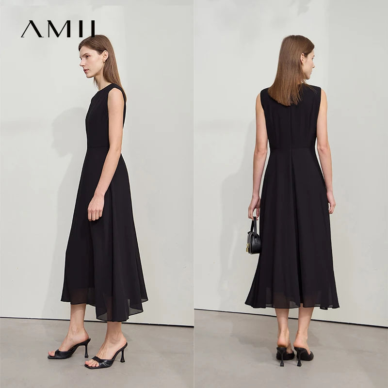 Amii Minimalist Sleeveless O-Neck Slim Midi Dress
