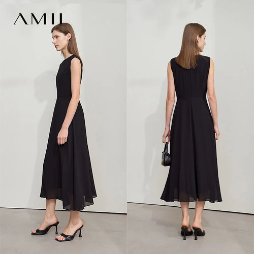 Amii Minimalist Sleeveless O-Neck Slim Midi Dress