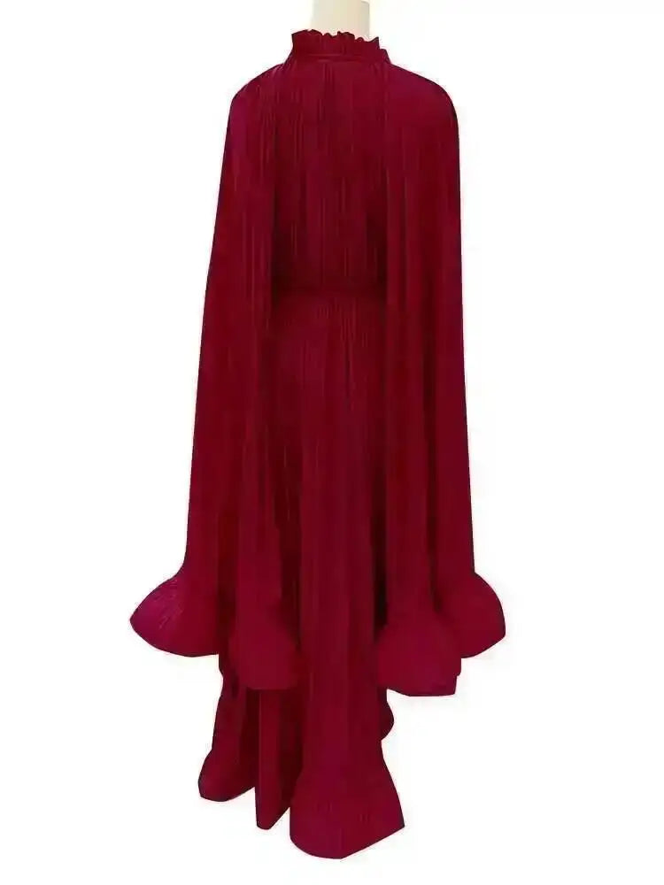 LGRQ Women's Irregular Ruffle Dress with Cloak Sleeves and Lace Splicing