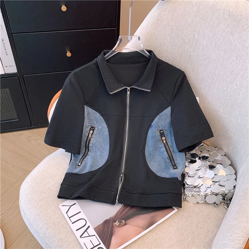 Women's Two-Piece Set: Stitched Zipper T-Shirt and Jeans