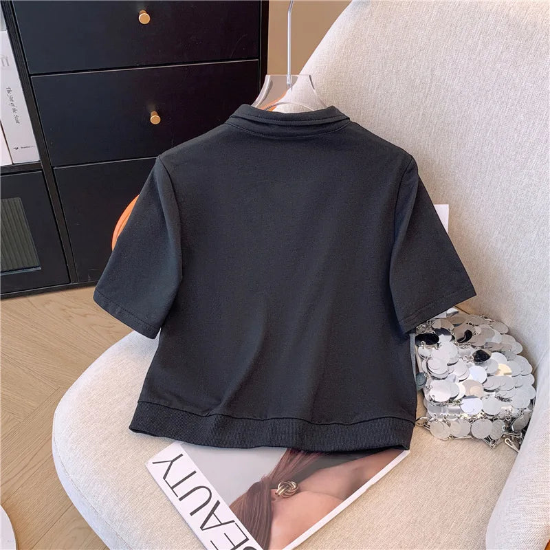 Women's Two-Piece Set: Stitched Zipper T-Shirt and Jeans