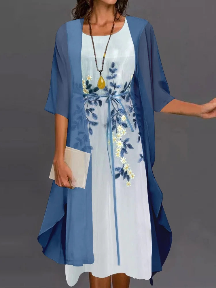 2pcs/Set Spring Summer Dress Women Formal Loose Cardigan Floral Print Large Hem Elegant Chiffon Dress Set Party