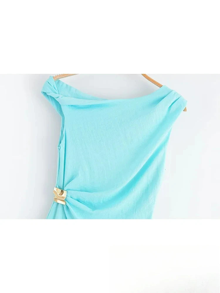 KONDALA Light Blue One-Shoulder Pleated Asymmetric Dress