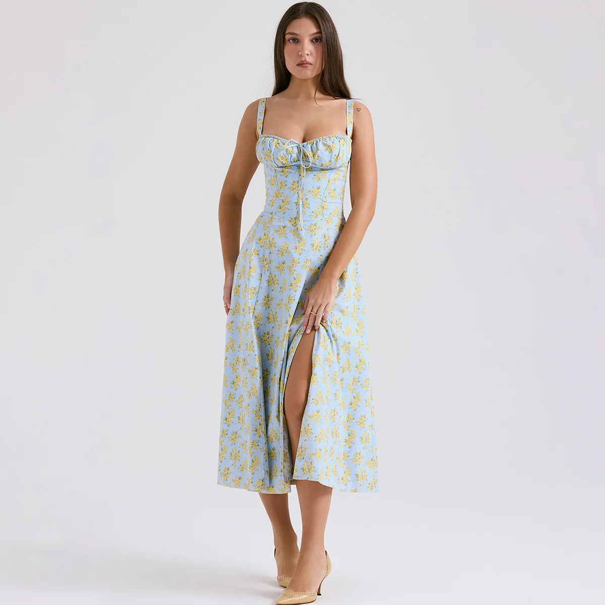 Mingmingxi Floral Midi Dress – Women's Lace-Up Spaghetti Strap