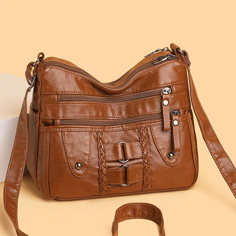 Retro Multi-Pocket Synthetic Leather Crossbody Bag with Adjustable Strap