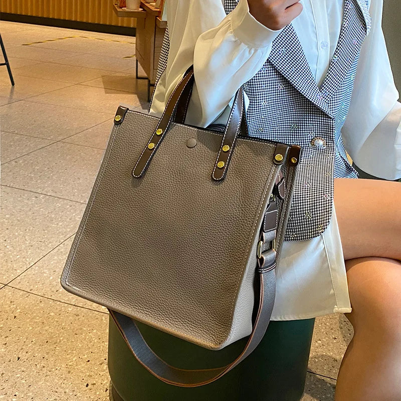 Large Capacity Genuine Cowhide Leather Rectangle Shoulder Bag