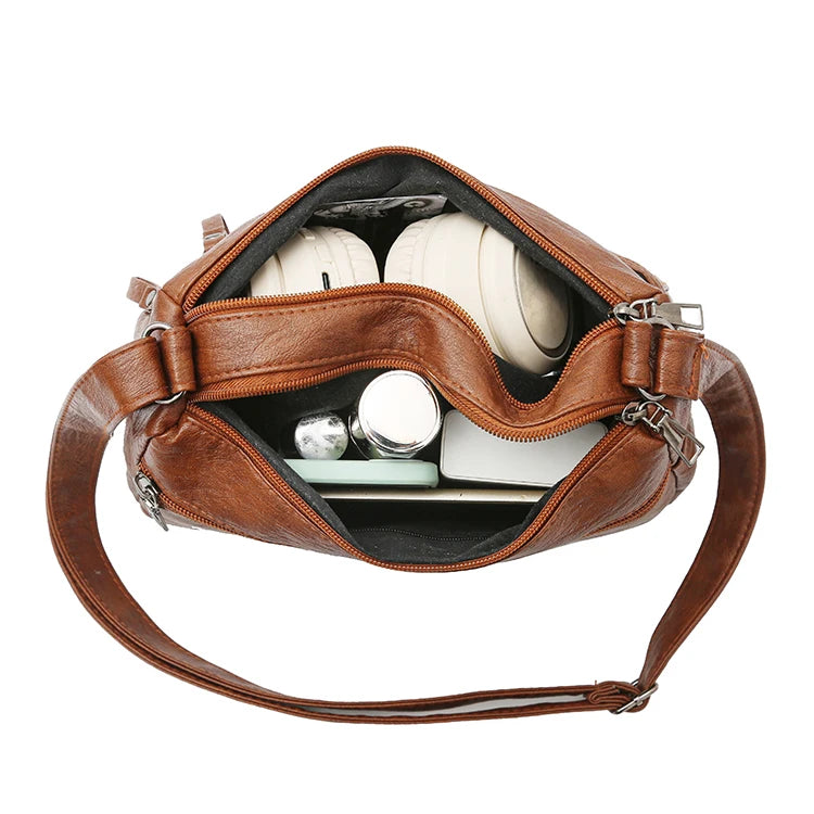 Retro Multi-Pocket Synthetic Leather Crossbody Bag with Adjustable Strap